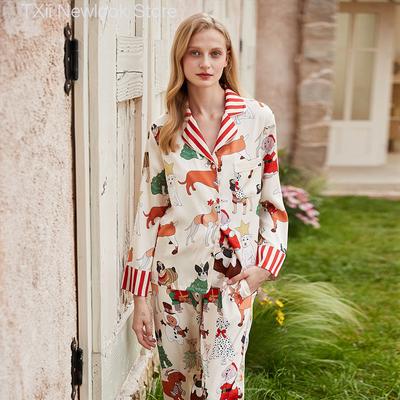 Pijama navideño de seda helada con diseño de perro, ideal para primavera y verano, con mangas largas y solapa. Traje de mujer con estampado de dibujos animados.
