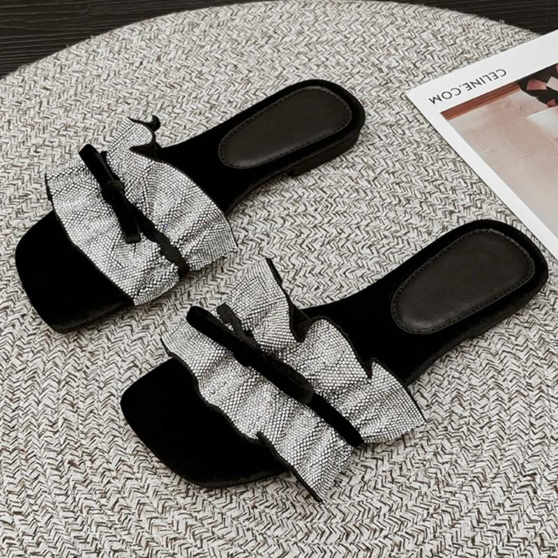 Fashion 2025 Summer New Square Toe Solid Color Plus Size One Strap Bowknot Flat High-End Sandals for Women Anti-Slip Outdoor Slides