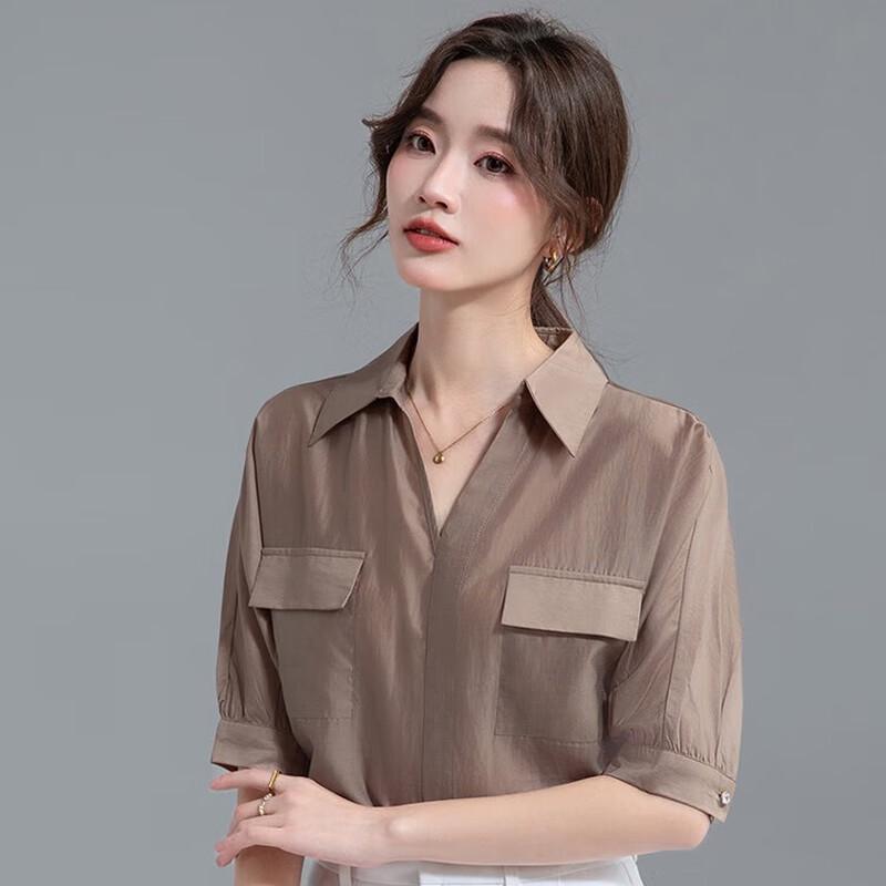 HANMANKE Women s V-Neck French Design Short Sleeve Blouse M