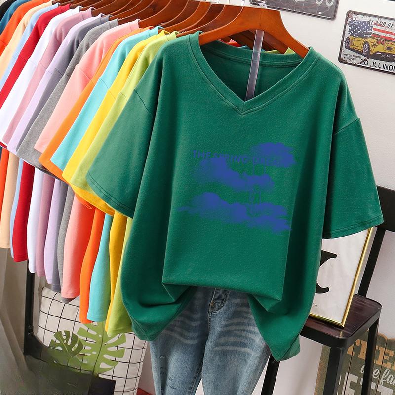 Camiseta de manga curta, Solta, Top V-neck Estampado Emagrecedor para Mulheres