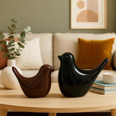 Uccellini Decorativi Creativi Neri e Marroni Lucidi in Ceramica Accessori per la Casa Festa (Confezione da 2)