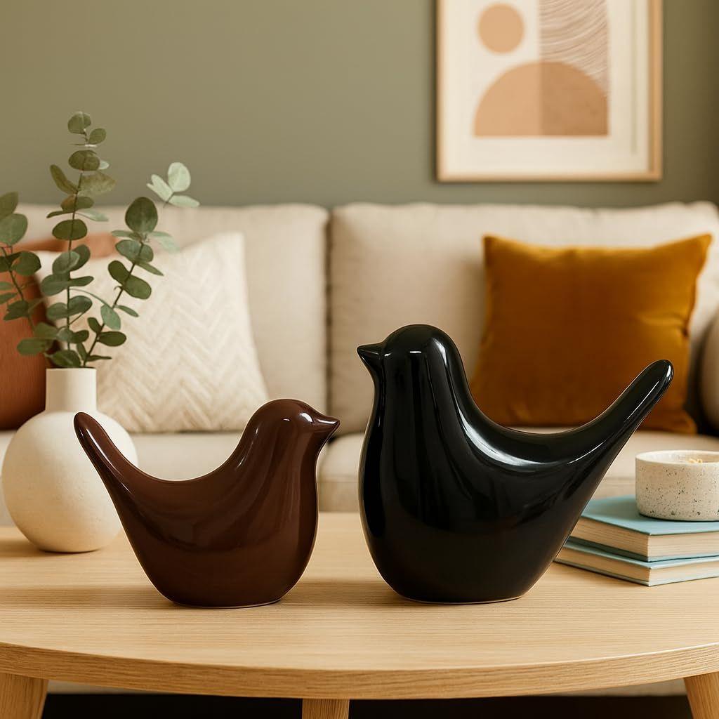 Creative Black and Brown Glossy Ceramic Birds Figurines Home Decorations Accessories Party (Pack of 2)
