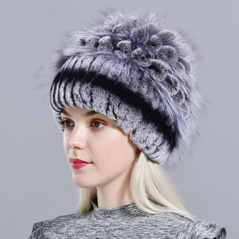 Natural Fur Hats for Women  Winter Knitted Rabbit Rex Hand Sewn Real Fur Warm Floral Elegant Girls Fashionable Stylish Hat