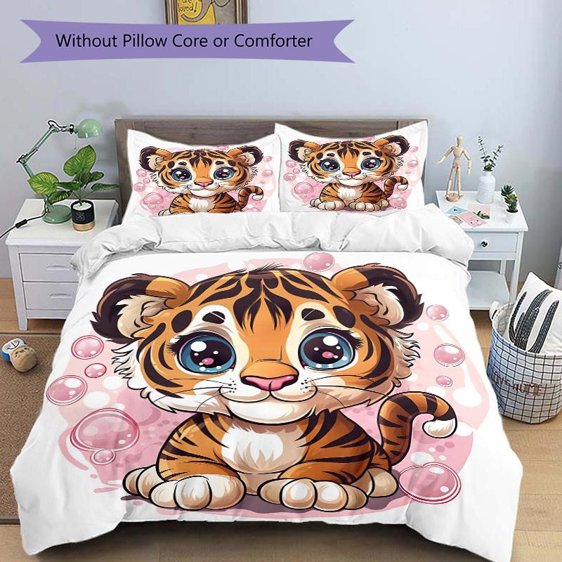 

3pcs Tiger Cub Pattern Bedding Set, 1* Cover + 2*Pillowcases, Printed Bedding Set, Soft and ComfortableM102 135x200cm