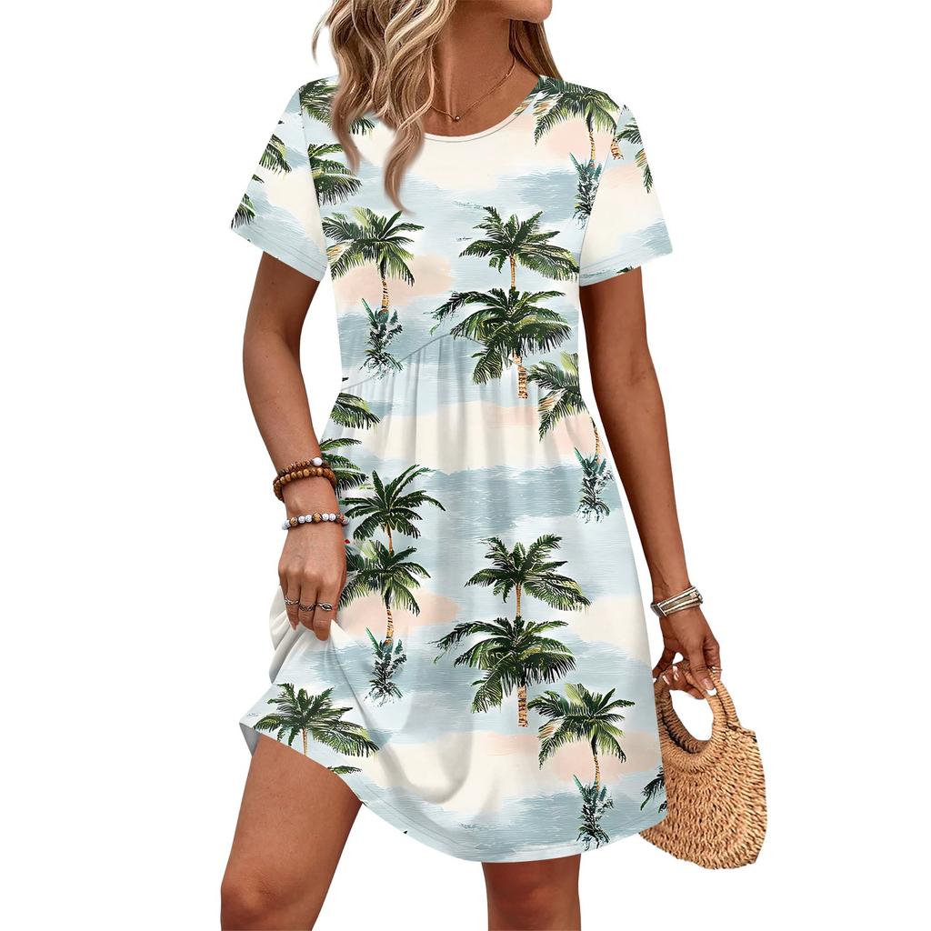 Dresses For Women Short Sleeve Print Round Neck Casual Dresses Waist Dress With Pockets