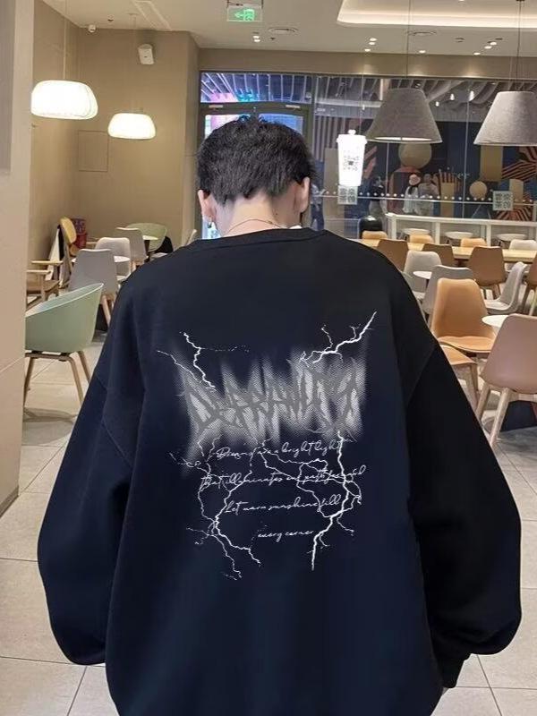 American Trendy Men's Crewneck Hoodie - Autumn/Winter 2025, Plus Velvet, Loose Fit, Long Sleeve, Base Layer