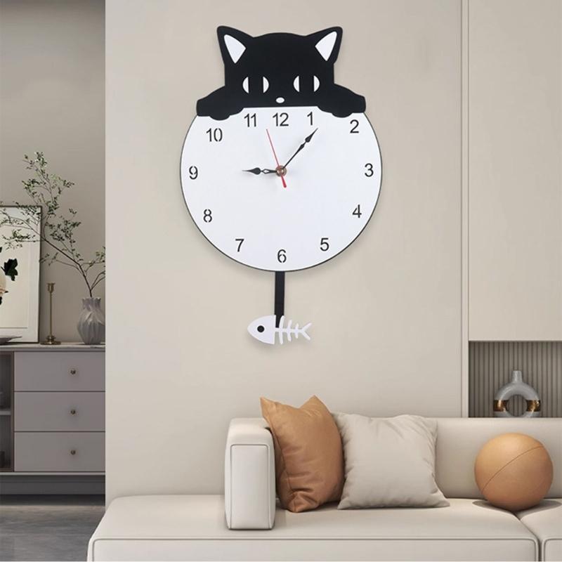 Quiet Movement Acrylic Pendulum Wall Clock with Funny Cats Fish Design Arabic Numerals for Living Room Bedroom Decors