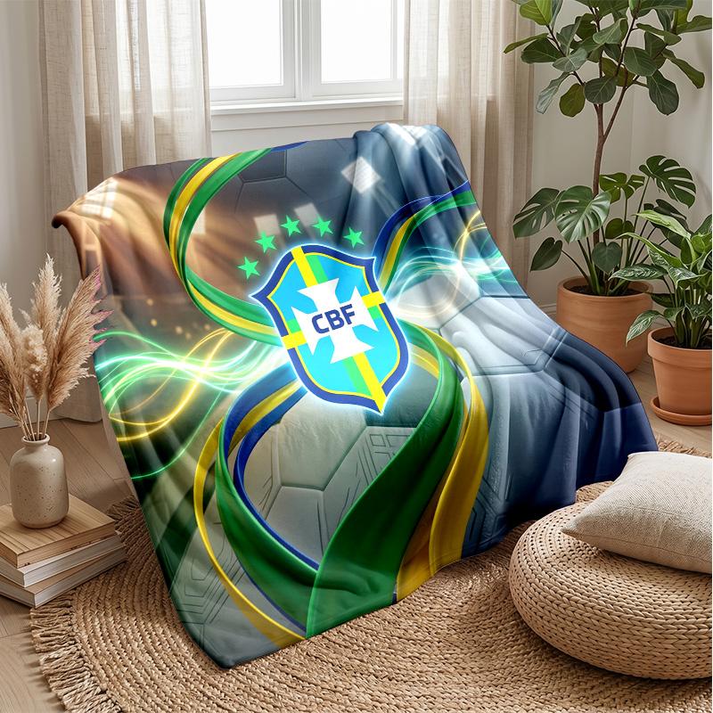 Brazil Football Printed Flannel Blanket Skin Friendly Warm Decorative Throw for Indoor Couch Bed Daily Use