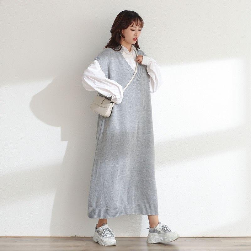 DIMANAF Dames Trui Jurk Winter Herfst Oversize Nieuw Breien Mouwloos Vest V-hals Vrouwelijk Basic Effen Losse Trui