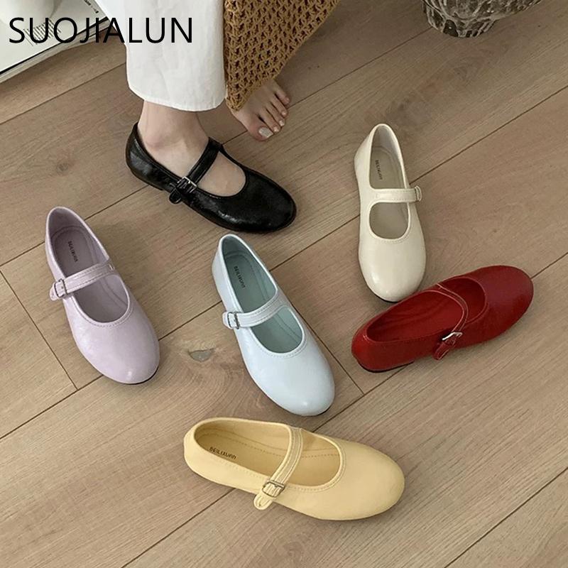 Fashion SUOJIALUN Spring New Women Flat Shoes Fashion Red Mary Jane Shoes Round Toe Ladies Ballerinas Shoes Shallow Slip On Dress Ballet