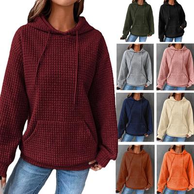 Damen Oversized Waffel Sweatshirts Herbst Winter Damen Krawattenkragen Kapuzenpullover Pullover Tasche Kapuzenmäntel