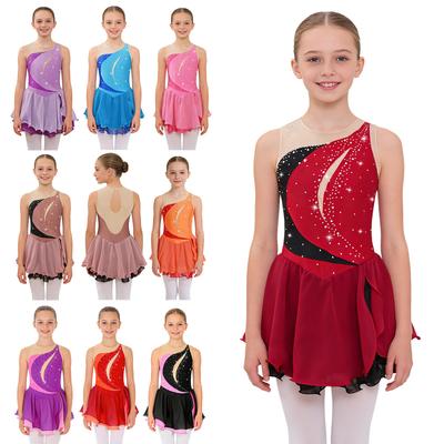 Kids Girls Ice Figure Skating Dress Sleeveless Rhinestone Competition Costumes Ballet Dance Tutu Skirt