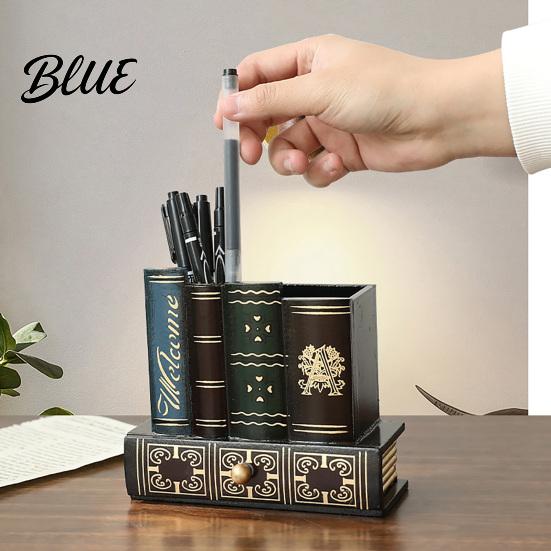 Retro Book-shaped Pen Holder Wooden Book-Shaped Holder Desk Organizer with Drawer Thickened Base Creative Storage Container for Pens Notes
