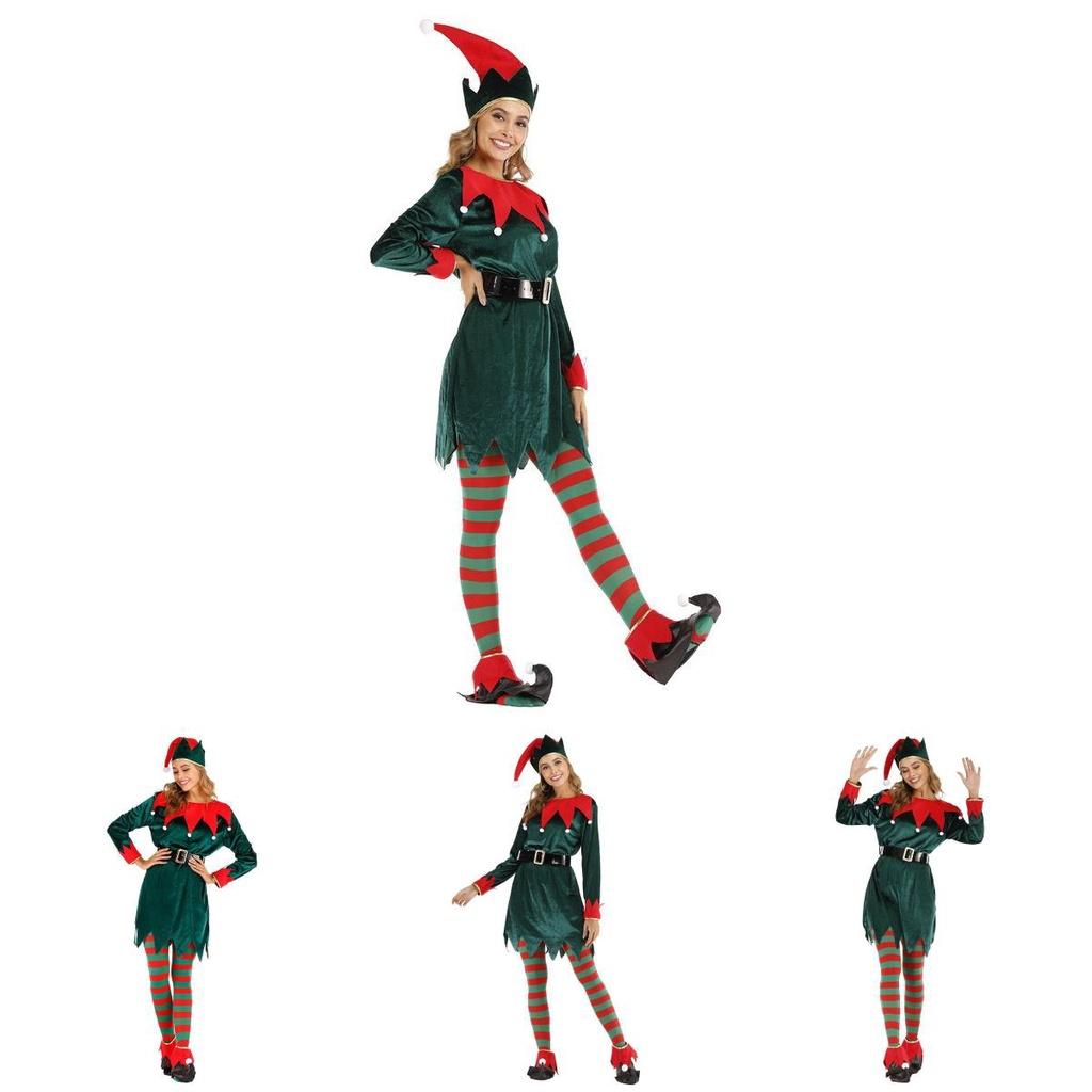 Women's Festive Xmas Elf Outfit Velvet Cosplay Costume With Bells