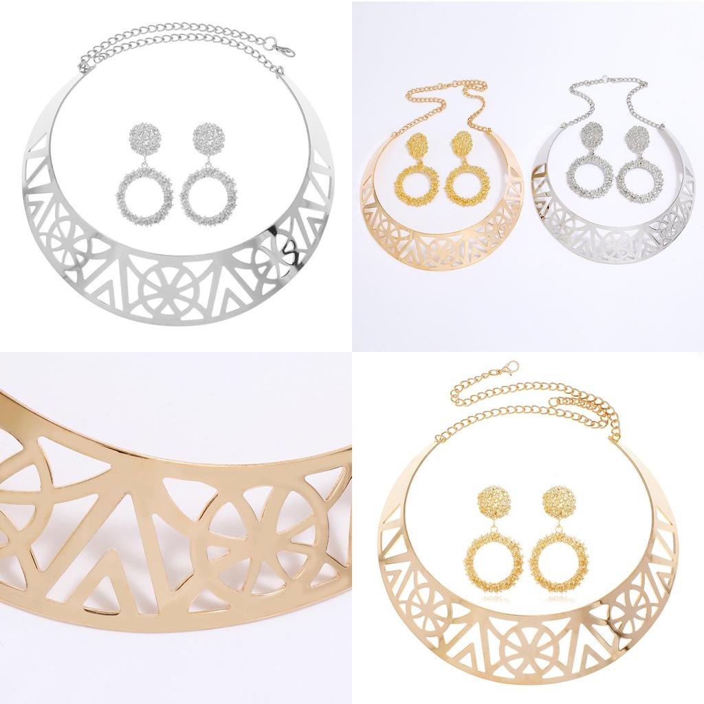 Fashion Solid Color Hollow Design Women Metal Necklace Collar Round Earring Set For Gift And Travel