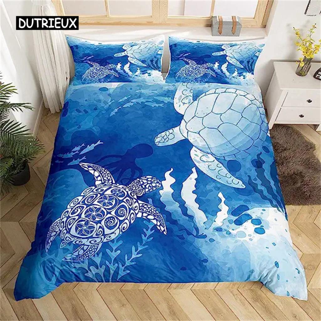 Sea Turtle Duvet Cover Green Blue Ocean Bedding Set Colorful Underwater World for Kids Child Women Nautical Sea Animal Reptile