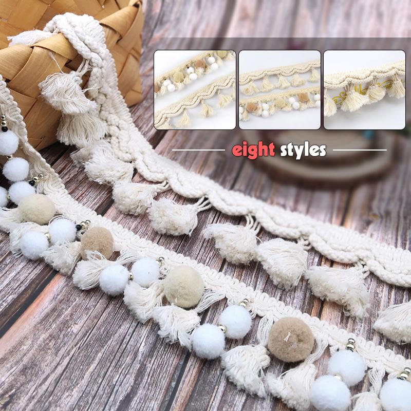 1 Yard White Cotton Tassel Lace Trim Webbing Fabric Handmade Beaded Ball Diy Curtain Clothing Sewing Craft Accessory