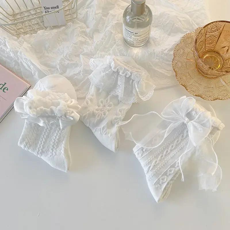 Woman Socks Solid Black White Lolita Lacework Ruffle Socks Summer Thin Japanese Style Kawaii Sweet Girls Cute Short Socks Women