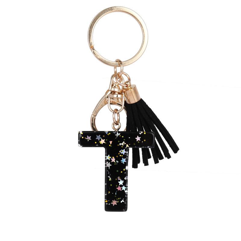 Black Glitter Star Sequins Resin 26 Letters Keychain Initials A-Z Keyring Tassel Charm Accessories Backpack Hanging Decoration