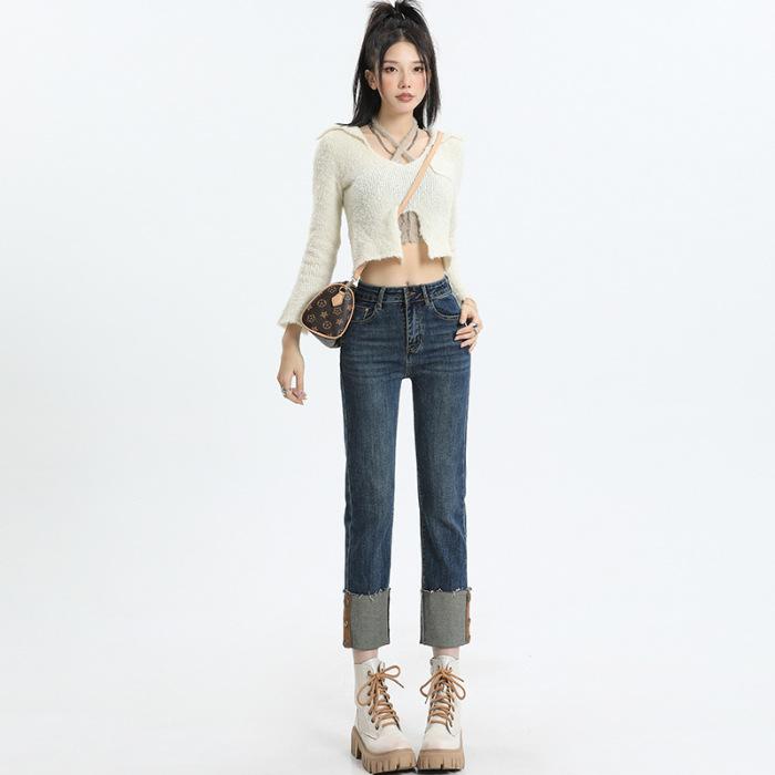 Autumn new elastic pipe pants sweet cool style women's baguette pants small straight pants two colors blue nine-point pants