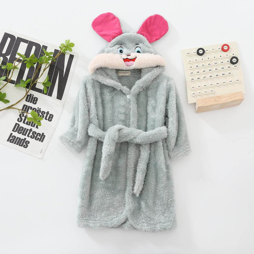 Children's Plush Cartoon Bathrobe - Boys' & Girls' Double-Sided Fleece Pajamas for Autumn/Winter
