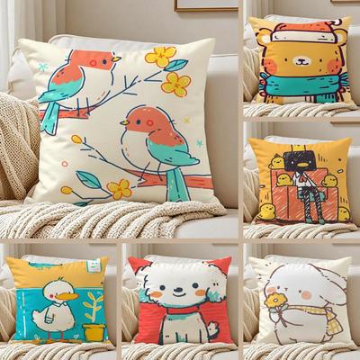 Countrystyle Adorable Animal Illustrations Cushion Cover Pillowcase Antidustmite Invisible Zipper Short Plush Sofa Cushion