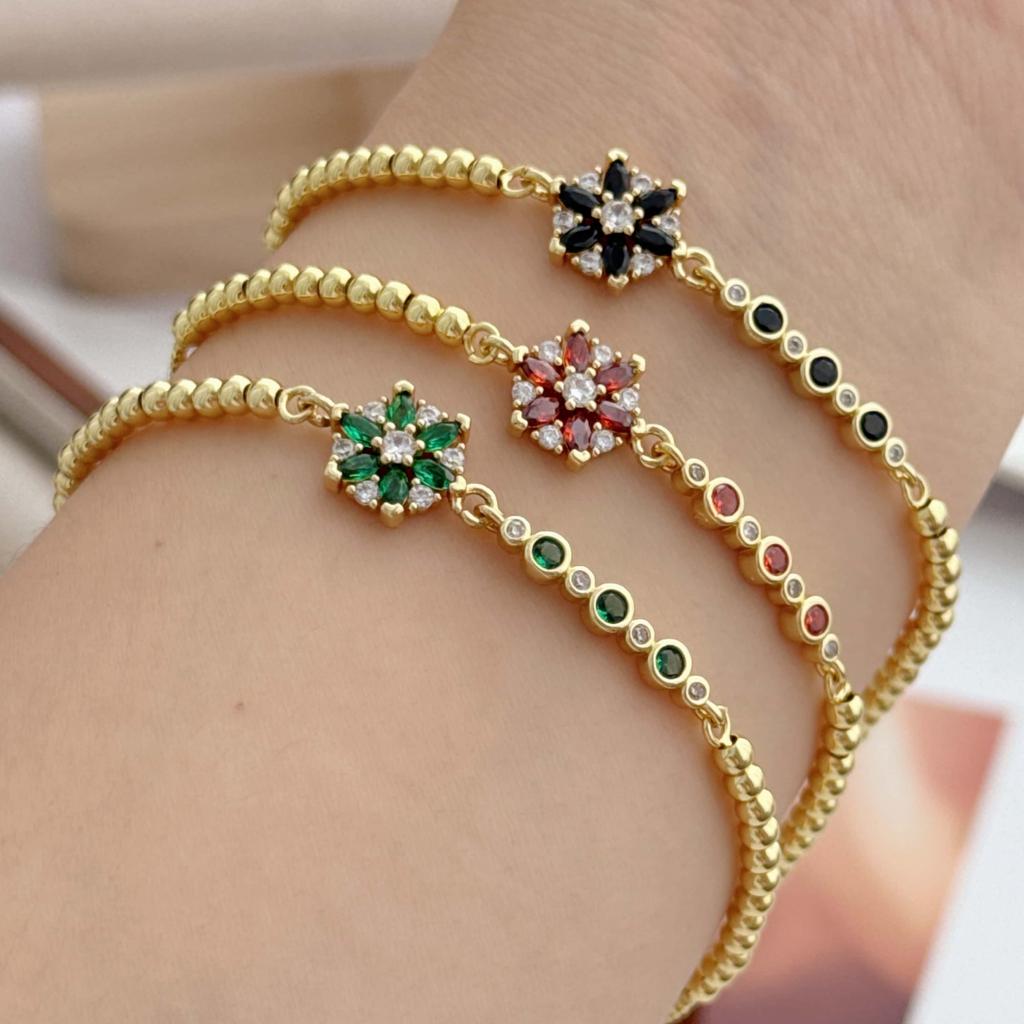 RY Copper Plated 18K Gold Flower Geometric Connector Bracelet Gold Ball Chain Adjustable Length Fashion Jewelry