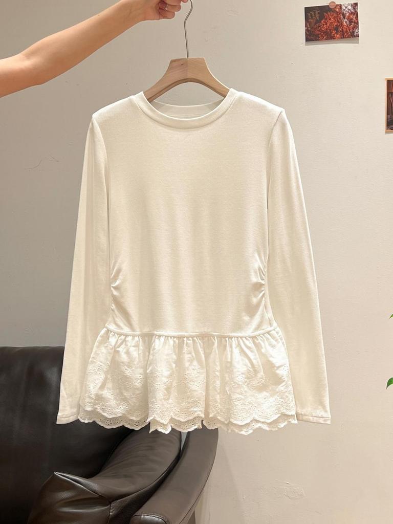 Lace Trim Plush Long-Sleeve Top for Autumn/Winter: Slimming, Stylish, and Versatile