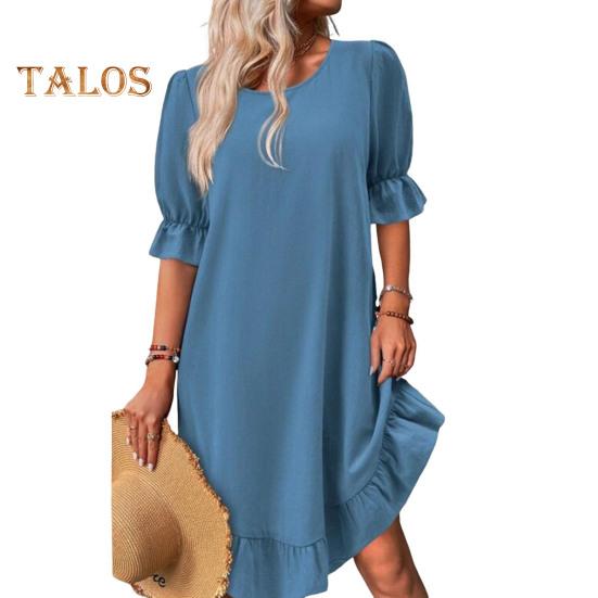 Sommerkleid für Damen, mittellange Ärmel, einfarbig, lockere A-Linie, große Schaukel, Rüschen, Patchwork, O-Ausschnitt, Pullover, knielanges Midikleid