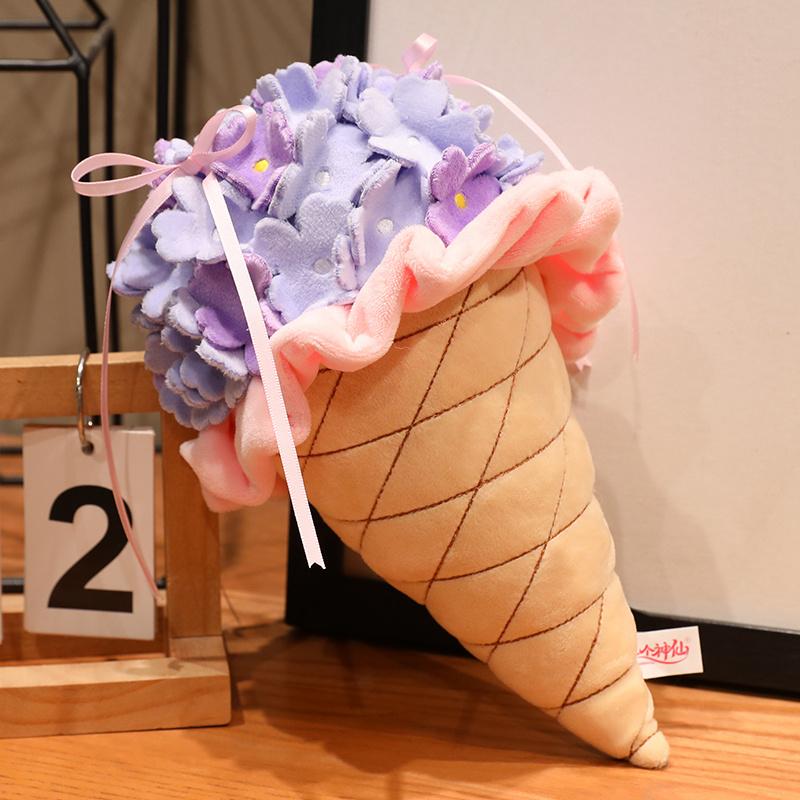 Eiscreme-Hortensien-Strauß Plüschtier, Weicher gefüllter Blumenkegel in Lila und Grün für Geschenke und Dekoration. 25cm
