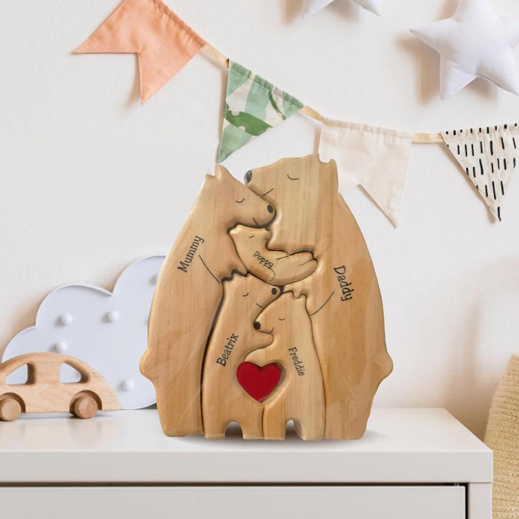 Wooden Mother and Son Bear Hugging Ornament - Solid Wood Puzzle for Bedroom or Living Room Decor.