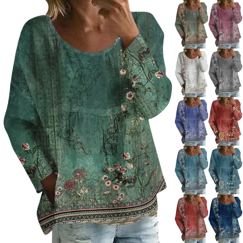 Dámské ležérní módní volné tričko s kulatým výstřihem a retro potiskem a dlouhým rukávem