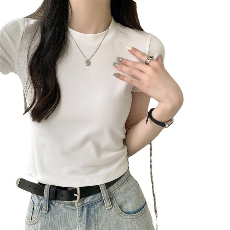 2023 Women's Korean Solid White Slim Fit Short Sleeve T-Shirt - Casual Summer Top
