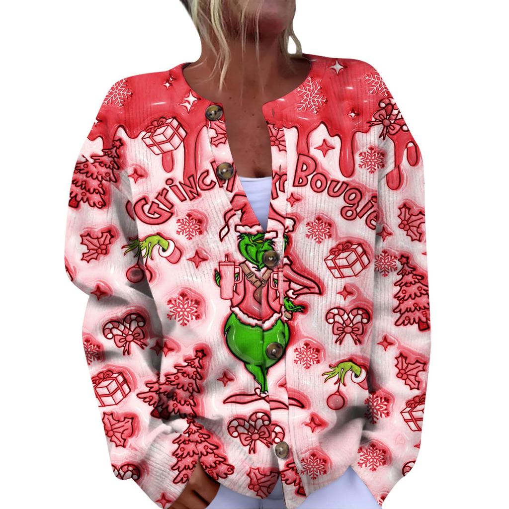 Women's Fashion Christmas Printed Long Sleeve Knitted Cardigan Button Down Jacket