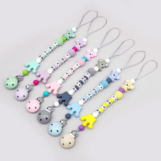 Pacifier Clip with Silicone Beads & Wooden Letters BPA-Free Baby Teething Necklace Anti-Loss Soother