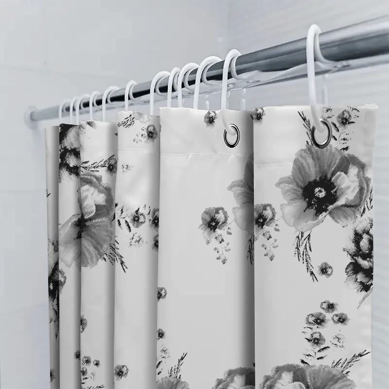 Black And White Flower Shower Curtain Waterproof Bath Mat Decorative Home Decor Bathroom Curtains For Bathtub