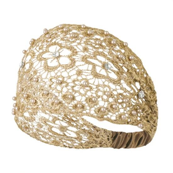 Yousheng Dam Pannband Ihålig Design Broderi Spets Blomma Elastiskt Pannband med Imitationspärlor Glittrande Strass Inlagd Hår