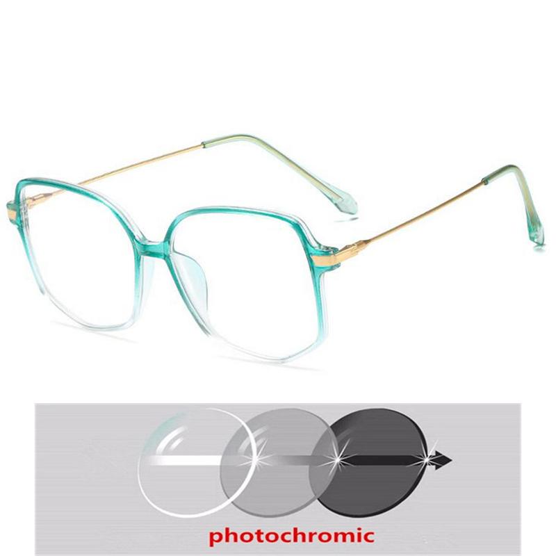 Oversized Polygon Myopia Glasses Women Transparent Green Frame Photochromic Diopter 0 To -6.0 Prescription