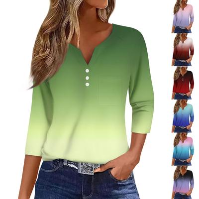 Ladies Casual Fashion V-neck Loose Versatile Gradient Print Three-quarter Sleeves