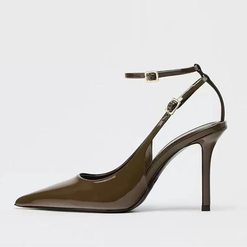 Fashion Sexy Pointed Toe Ankle Straps Buckle Women Pumps Patent Leather Slingbacks High Heels Elegant Party Shoe Stiletto Heeled Sandals