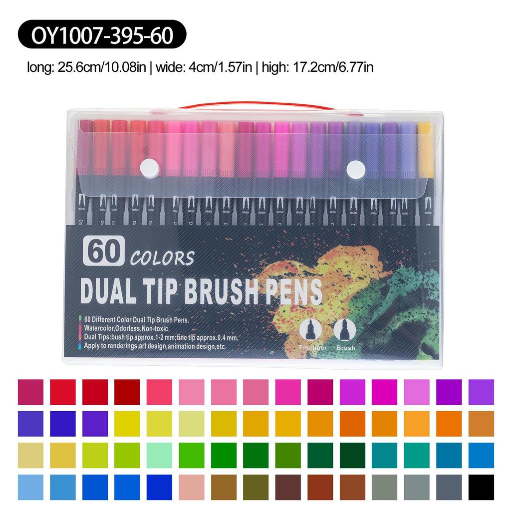 Washable Double-Ended Fineliner Paintbrush Set - Soft Tip, Non-Staining, Black Barrel, PVC Box