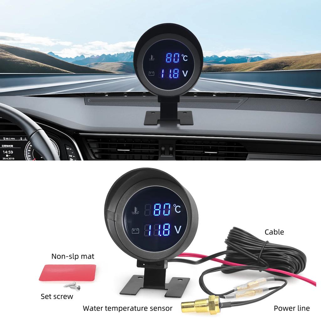 2 In 1 Round LED Digital Water Temp Gauge Voltmeter Volt Voltage Meter Temperatura Moto For 12V24V Car Truck Temperature Sensor