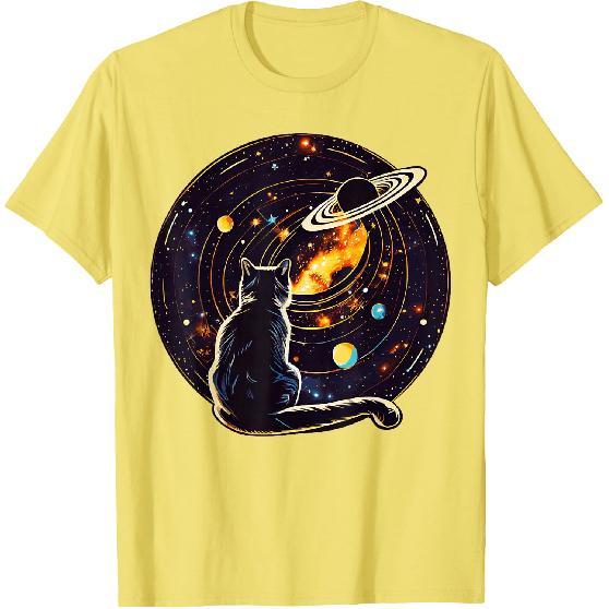 Cat Dad, Lover T-Shirt: Cat Staring at Planet Saturn