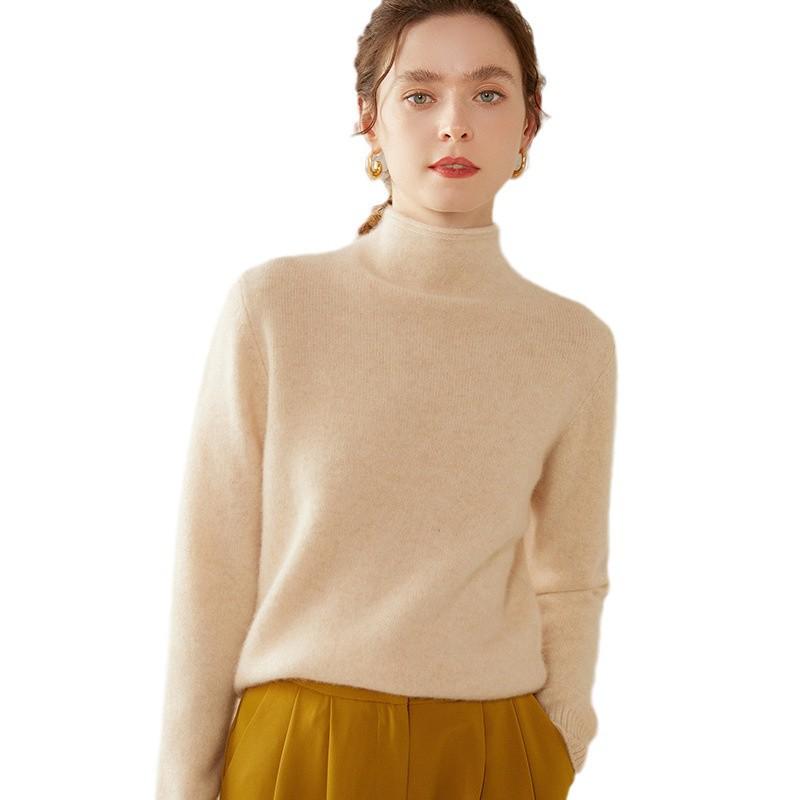 Women's Rolled Hem Wool Sweater - Autumn/Winter Casual, Versatile, Half-High Collar Knitwear