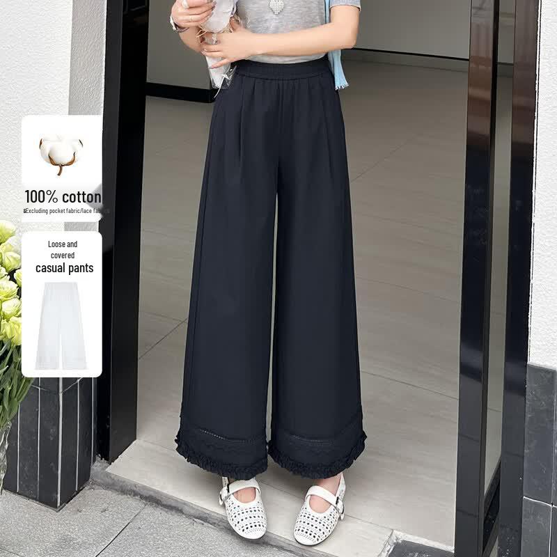 Women s Pure Cotton Wide-Leg Lounge Pants with Lace Trim L