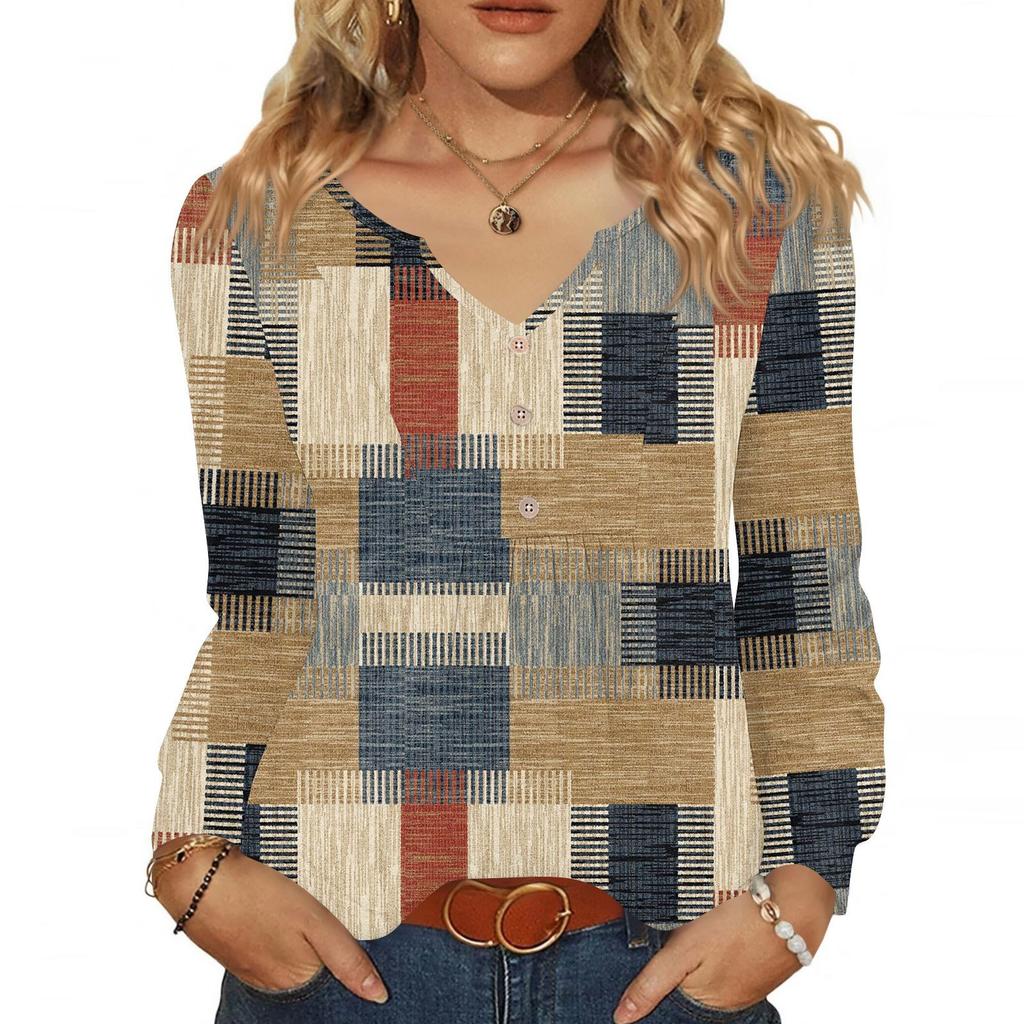 Women's Fashionable Casual V-neck Blouse Button Long-sleeved Pullover T-shirt Top