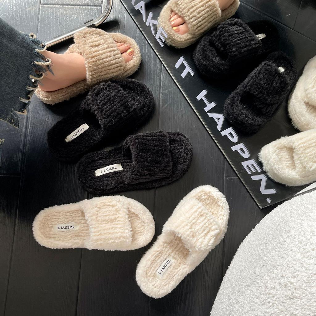 New one-word fluffy slippers for women's outer wear 2025 popular indoor warmth Velcro soft cotton drag foreign trade