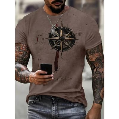 Compass Pattern Stretch Tee - Round Neck, Casual Street Style, Breathable, Moisture-Wicking, Quick-Drying, Summer Essential for Men