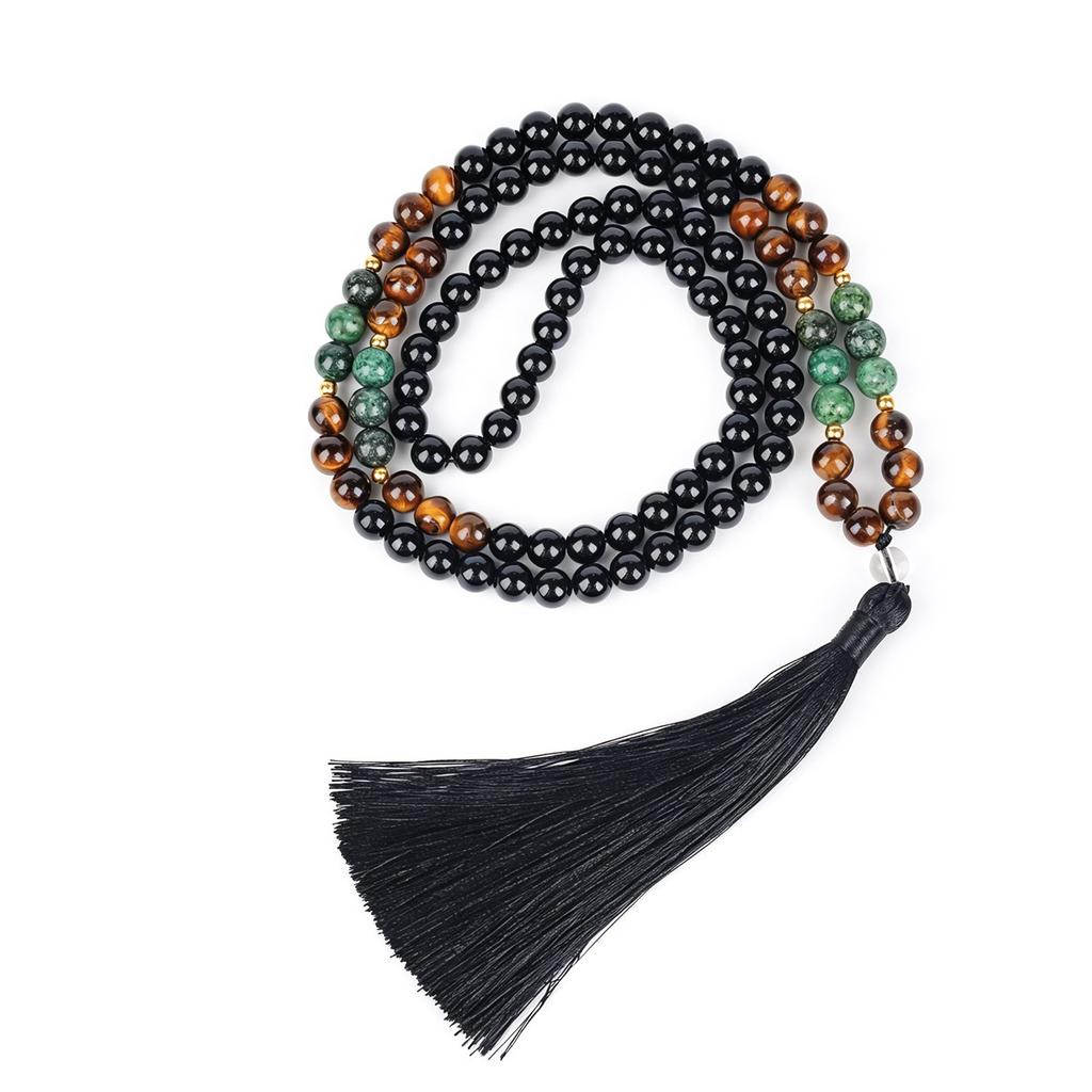 Direct supply round bead long necklace jewelry black agate tiger eye multi-circle fringed necklace