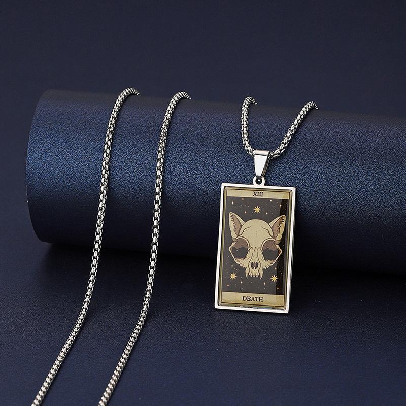 Stainless Steel Epoxy Cat Tarot Card Pendant Necklace For Men Boys Animal Divination Jewelry